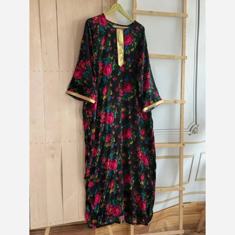 پیراهن ساحلی گلدار طلاکوب نخی فری سایز قد 135 (2)