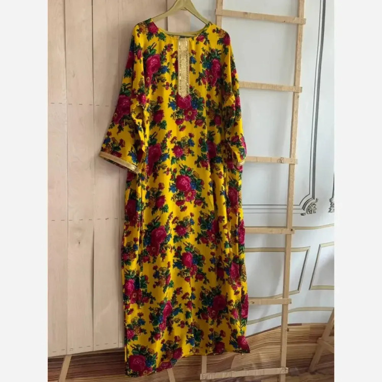 پیراهن ساحلی گلدار طلاکوب نخی فری سایز قد 135 (2)