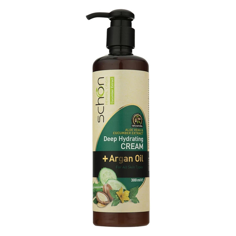 کرم مرطوبکننده شون، مدل Cucumber، مناسب انواع پوست، با عصاره خیار، حاوی روغن آرگان، مناسب استفاده برای دست و صورت، حجم 300 میلیلیتر