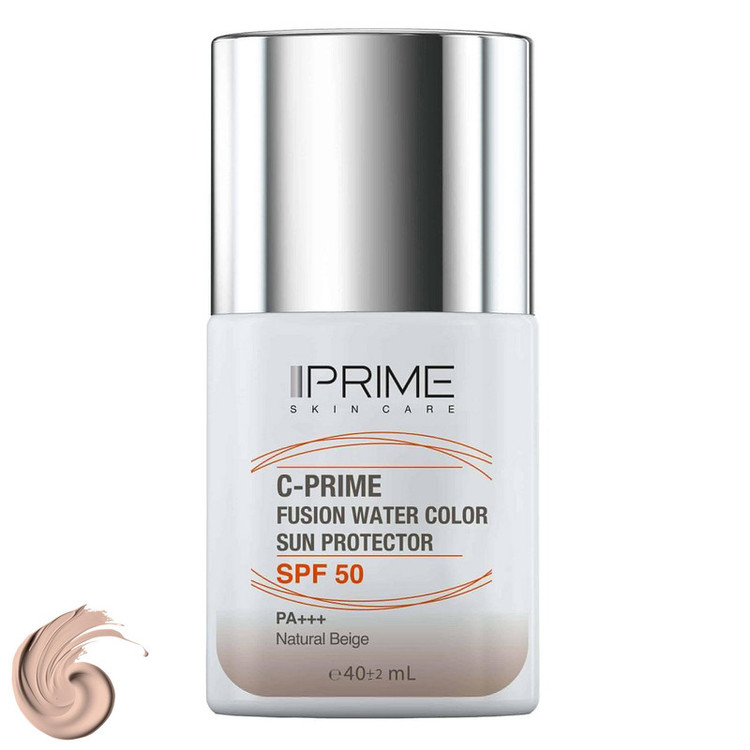 فلوئید ضد آفتاب رنگی پرایم، SPF 50، مدل فیوژن واتر، مناسب انواع پوست با تنالیته متوسط و حجم 40 میلی لیتر، محافظتکننده در برابر اشعههای PA++++ ،UVA ،UVB، دارای فرمولاسیون فاقد چربی، ویتامین سی و آنتی اکسیدان، با ماندگاری 4 ساعته