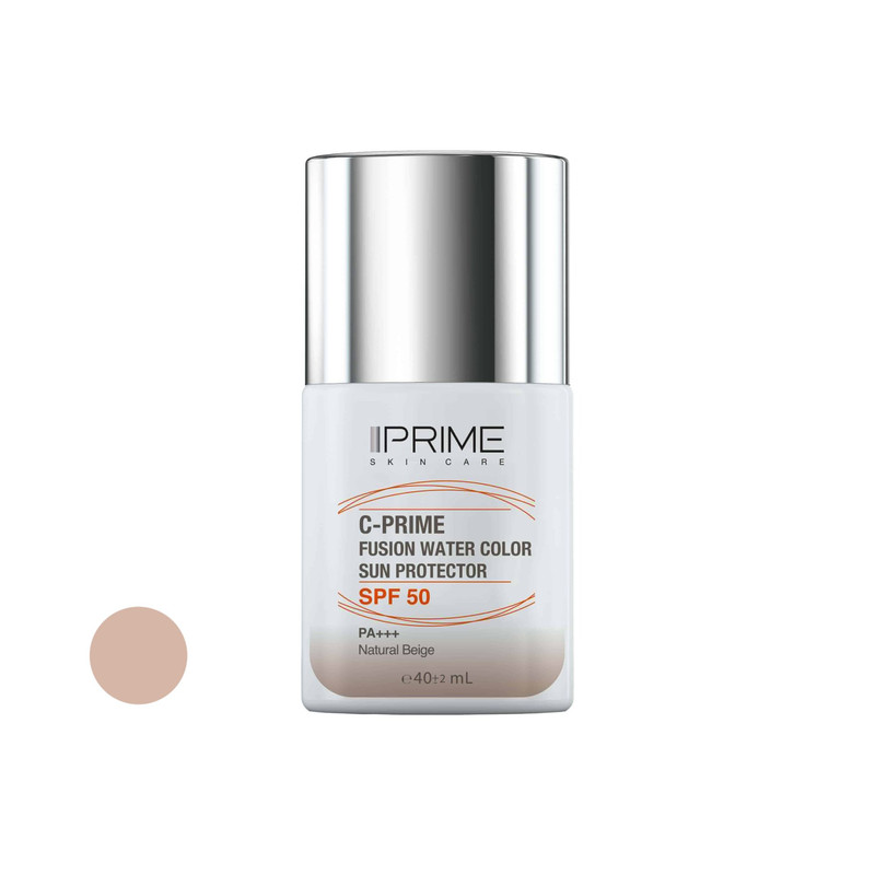 فلوئید ضد آفتاب رنگی پرایم، SPF 50، مدل فیوژن واتر، مناسب انواع پوست با تنالیته متوسط و حجم 40 میلی لیتر، محافظتکننده در برابر اشعههای PA++++ ،UVA ،UVB، دارای فرمولاسیون فاقد چربی، ویتامین سی و آنتی اکسیدان، با ماندگاری 4 ساعته