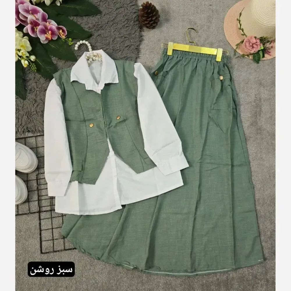 ست سه تیکه شومیز جلیقه و دامن مدل ژینا جنس شانتون سایز فری