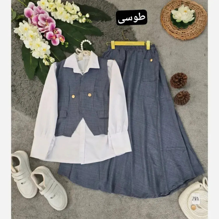 ست سه تیکه شومیز جلیقه و دامن مدل ژینا جنس شانتون سایز فری
