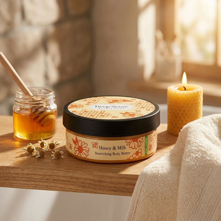 کره بدن دیپ سنس مدل Honey حجم 200 میلیلیتر مغذی و آبرسان قوی با کره شی، روغن نارگیل و آملا، ضد خشکی و نرمکننده پوست با جذب سریع و حفظ رطوبت طولانیمدت مناسب بانوان