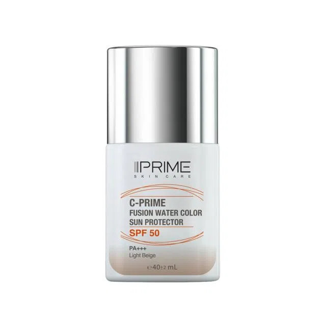 فلوئید ضد آفتاب رنگی پرایم، SPF 50، مدل فیوژن واتر، مناسب انواع پوست با تنالیته روشن و حجم 40 میلی لیتر، محافظتکننده در برابر اشعههای PA++++ ،UVA ،UVB، دارای فرمولاسیون فاقد چربی، ویتامین سی و آنتی اکسیدان، با ماندگاری 4 ساعته