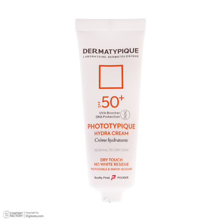 فلوئید ضد آفتاب بدون رنگ درماتیپیک مدل hydra cream محافظ UVA،UVB مناسب برای پوست خشک حجم 40 میلی لیتر