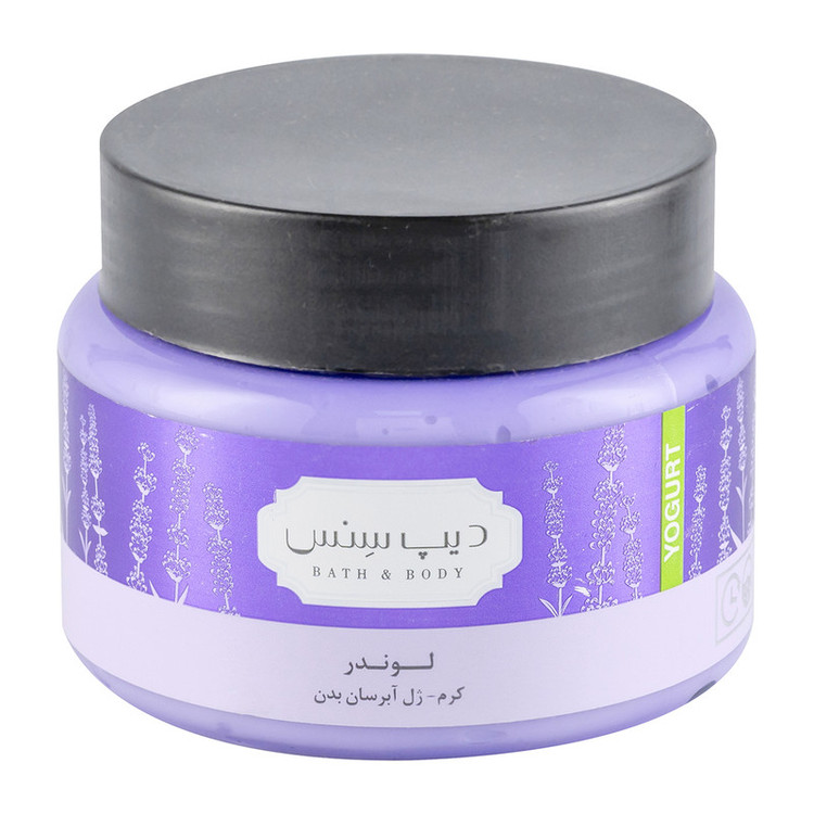 کرم ژل بدن دیپ سنس مدل لوندر حجم 250 میلیلیتر مناسب انواع پوست، حاوی کره کاکائو، روغن آملا و هیالورونیک اسید، آبرسان قوی، ضد خشکی، نرمکننده، جمعکننده منافذ و روشنکننده پوست