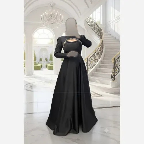 ماکسی ساتن آمریکایی مشکی کمربنددار قد 155