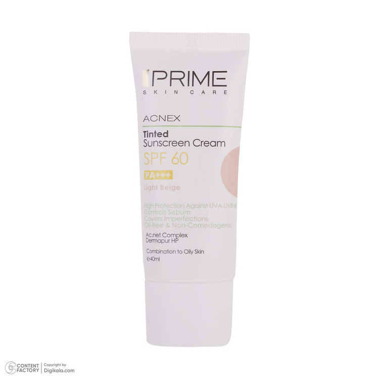 کرم ضدآفتاب رنگی پرایم SPF60 مدل Acnex، مناسب پوستهای چرب، حجم 40 میلیلیتر