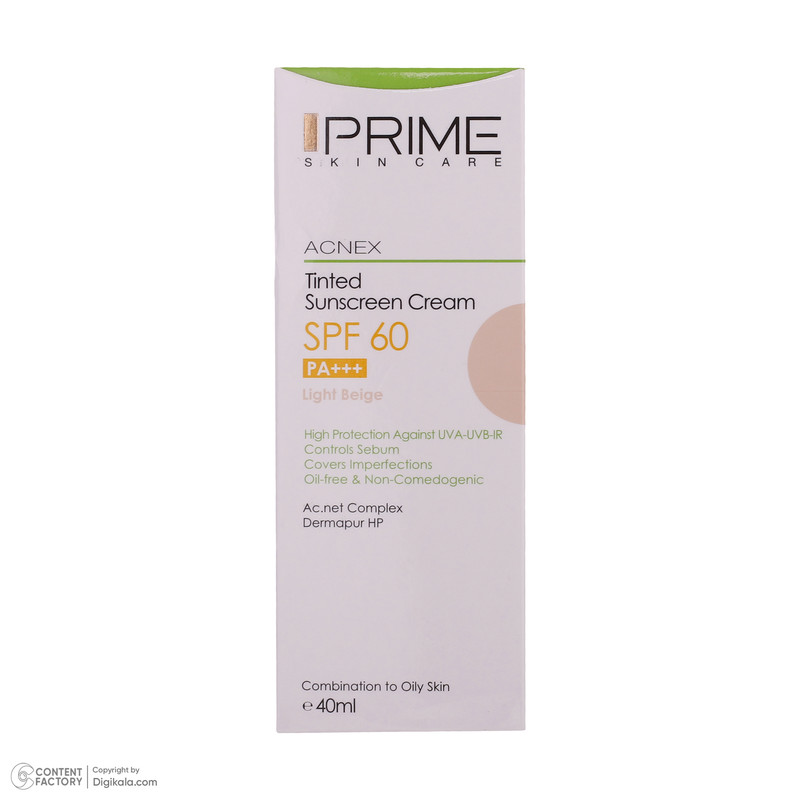 کرم ضدآفتاب رنگی پرایم SPF60 مدل Acnex، مناسب پوستهای چرب، حجم 40 میلیلیتر