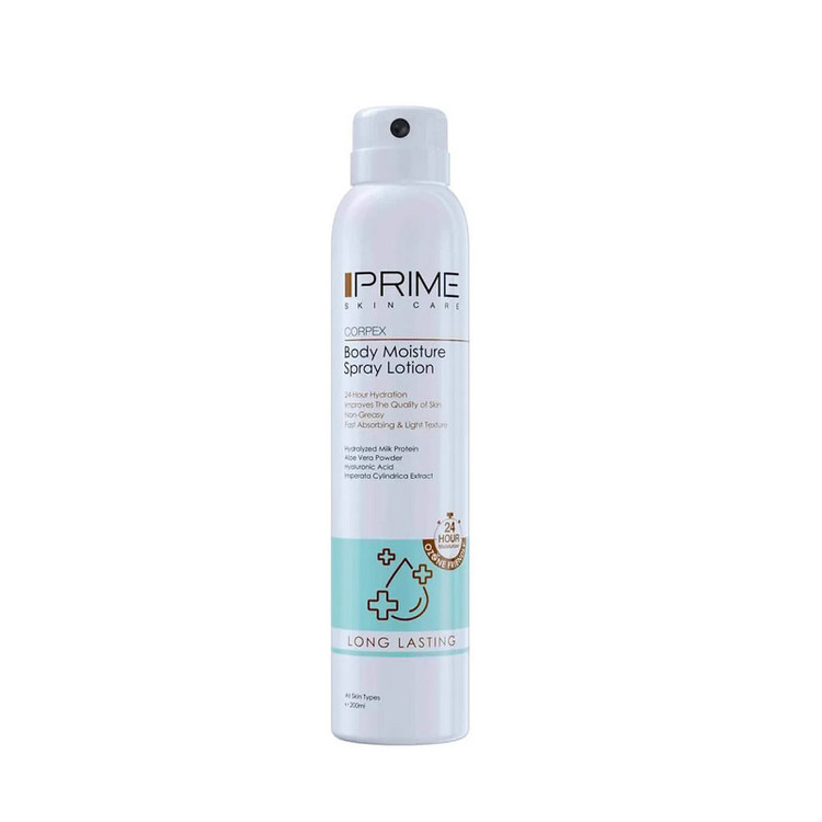 اسپری لوسیون آبرسان بدن پرایم مدل Long Lasting حجم 200 میلیلیتر با ماندگاری 24 ساعته، بافت غیرچرب، حاوی آلوئه ورا، عصاره شیر، سدیم هیالورونات و روغن نارگیل، نرمکننده و رفع خشکی پوست برای انواع پوست