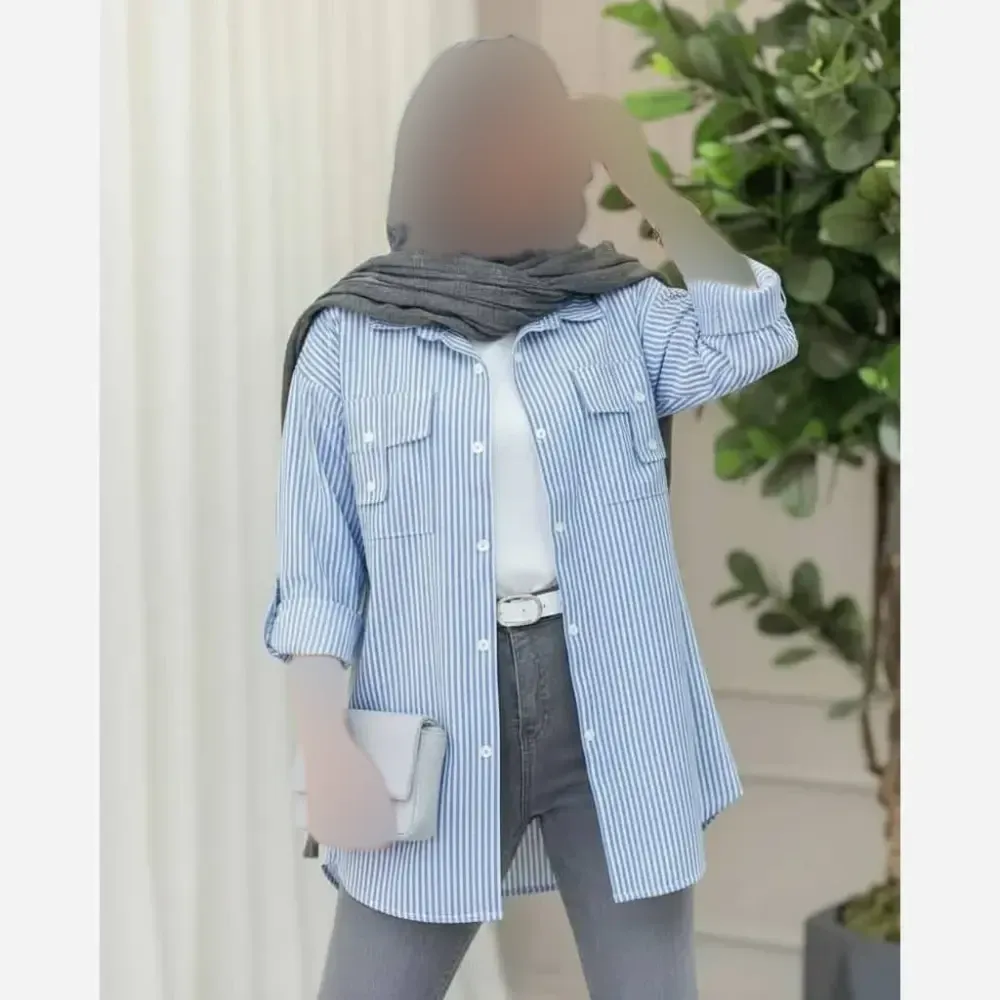 شومیز نخی راه راه جیب صلیبی فری سایز مدل کیمونو رنگی