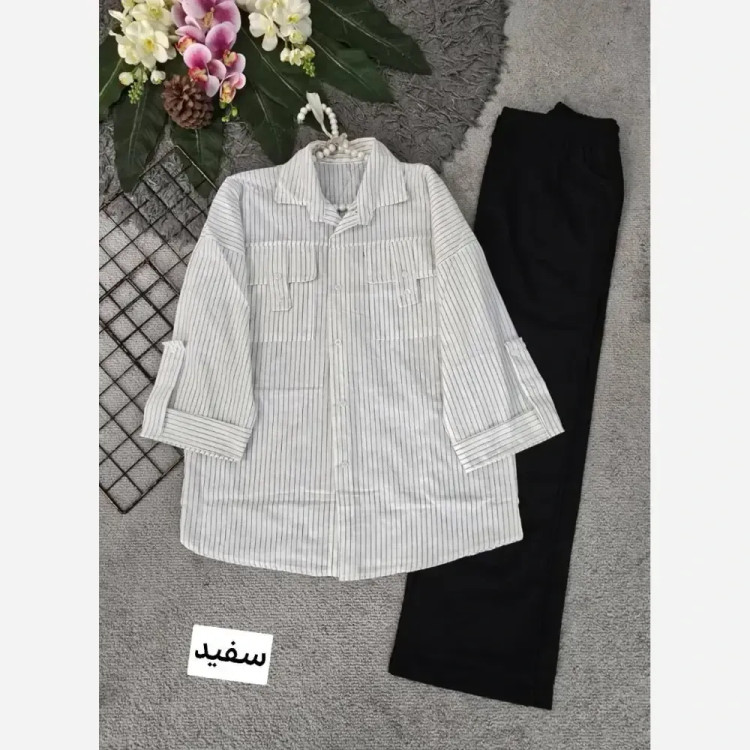 شومیز نخی راه راه جیب صلیبی فری سایز مدل کیمونو رنگی