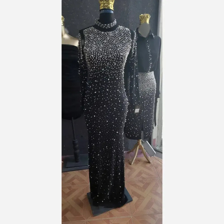 ماکسی مجلسی مدل بهاران جنس دالقیچ مروارید کوبی و نگین سایز 36 تا 48
