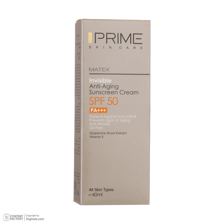کرم ضدآفتاب بدون رنگ پرایم مدل Anti Aging SPF50، حجم 40 میلیلیتر