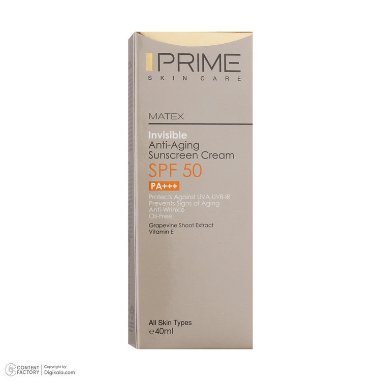 کرم ضدآفتاب بدون رنگ پرایم مدل Anti Aging SPF50، حجم 40 میلیلیتر