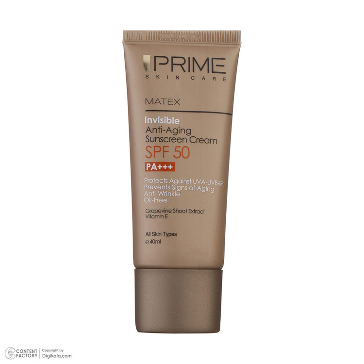 کرم ضدآفتاب بدون رنگ پرایم مدل Anti Aging SPF50، حجم 40 میلیلیتر