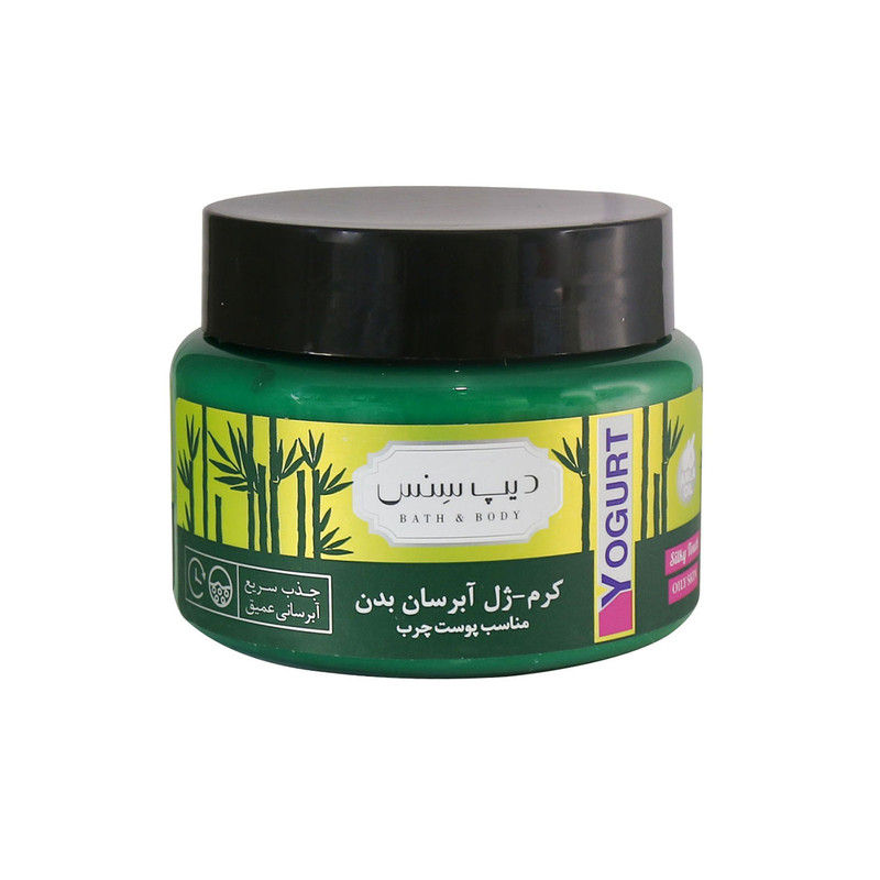 کرم ژل بدن دیپ سنس مدل درخت چای و بامبو حجم 250 میلیلیتر بافت سبک، جذب سریع، آبرسان و مرطوبکننده قوی، حاوی هیالورونیک اسید، روغن آملا و جوجوبا، مناسب نواحی خشک بدن و محافظتکننده پوست