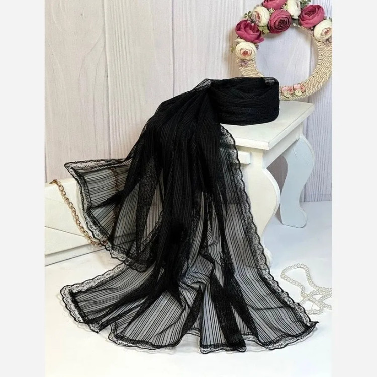 شال مشکی تور زنانه راه راه حاشیه گیپور دوزی شده