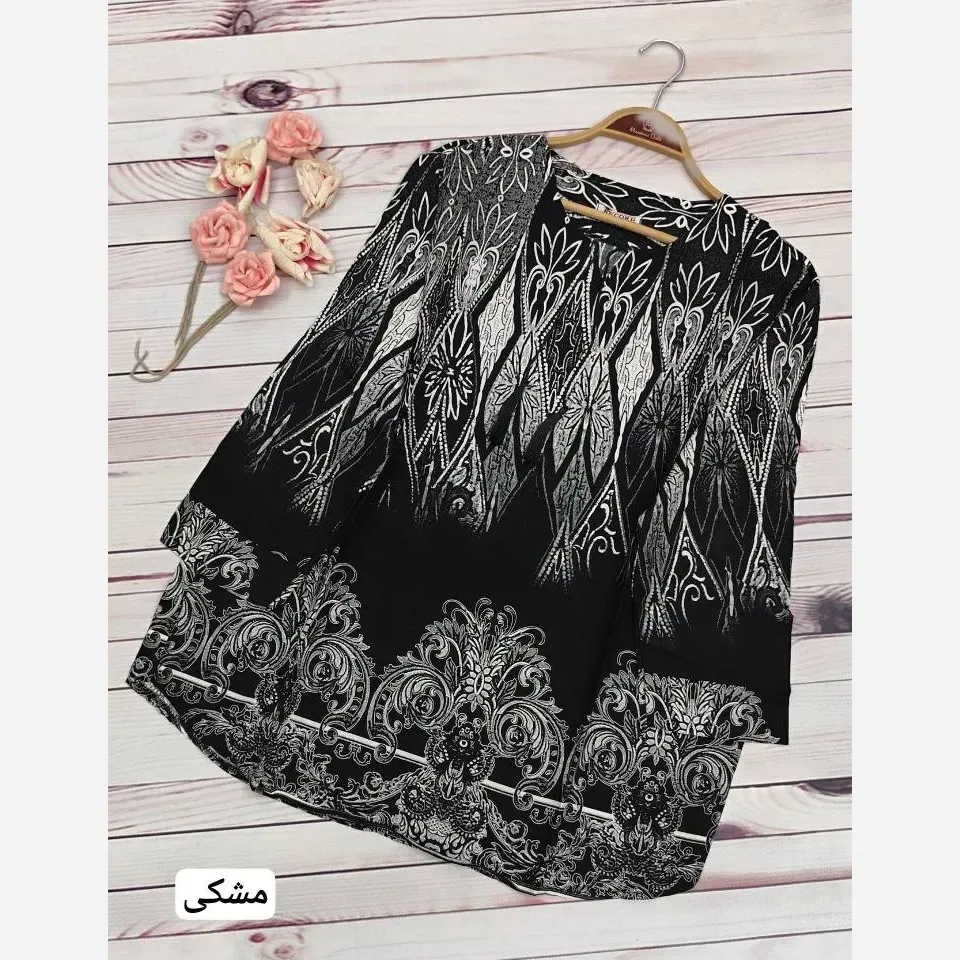 تونیک مانتویی زنانه مدل ترنج نخ تایلندی یقه کوبایی بنددار مشکی و سورمه ای فری سایز