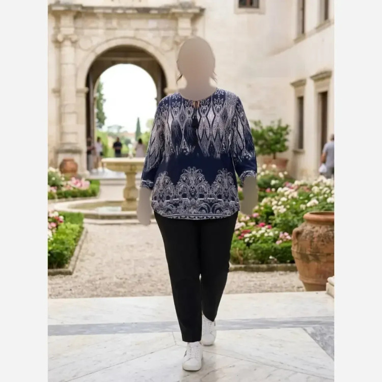تونیک مانتویی زنانه مدل ترنج نخ تایلندی یقه کوبایی بنددار مشکی و سورمه ای فری سایز