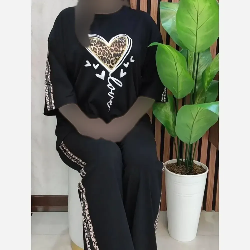 ست لباس زنانه طرح قلب اسپان گلکسی رنگ مشکی سایز فری سایز 36 تا 46