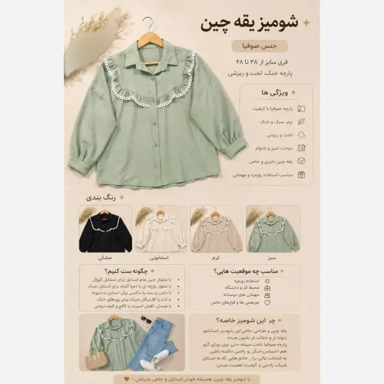 شومیز زنانه یقه چین جنس صوفیا فری سایز رنگ مشکی استخونی کرم سبز