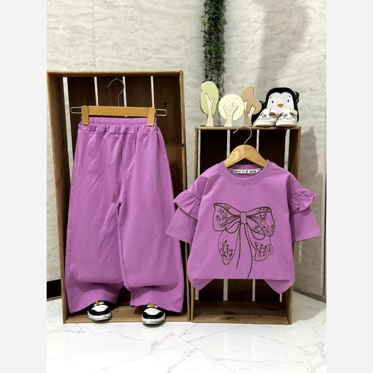 لباس دخترانه طرح پاپیونی تیشرت و شلوار بگ نخ پنبه لاکرا