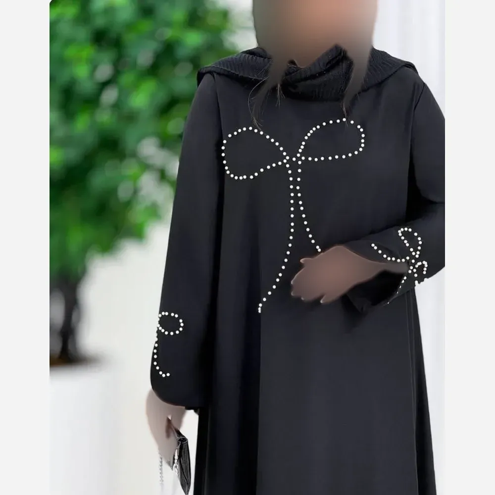 عبا مجلسی زنانه مدل پاپیون کریستالی رنگ مشکی جنس الیزه درجه یک سایز فری 38 تا 48
