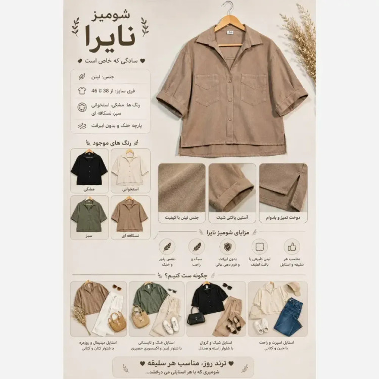 شومیز دو جیب نایرا جنس لینن فری سایز رنگ بندی متنوع