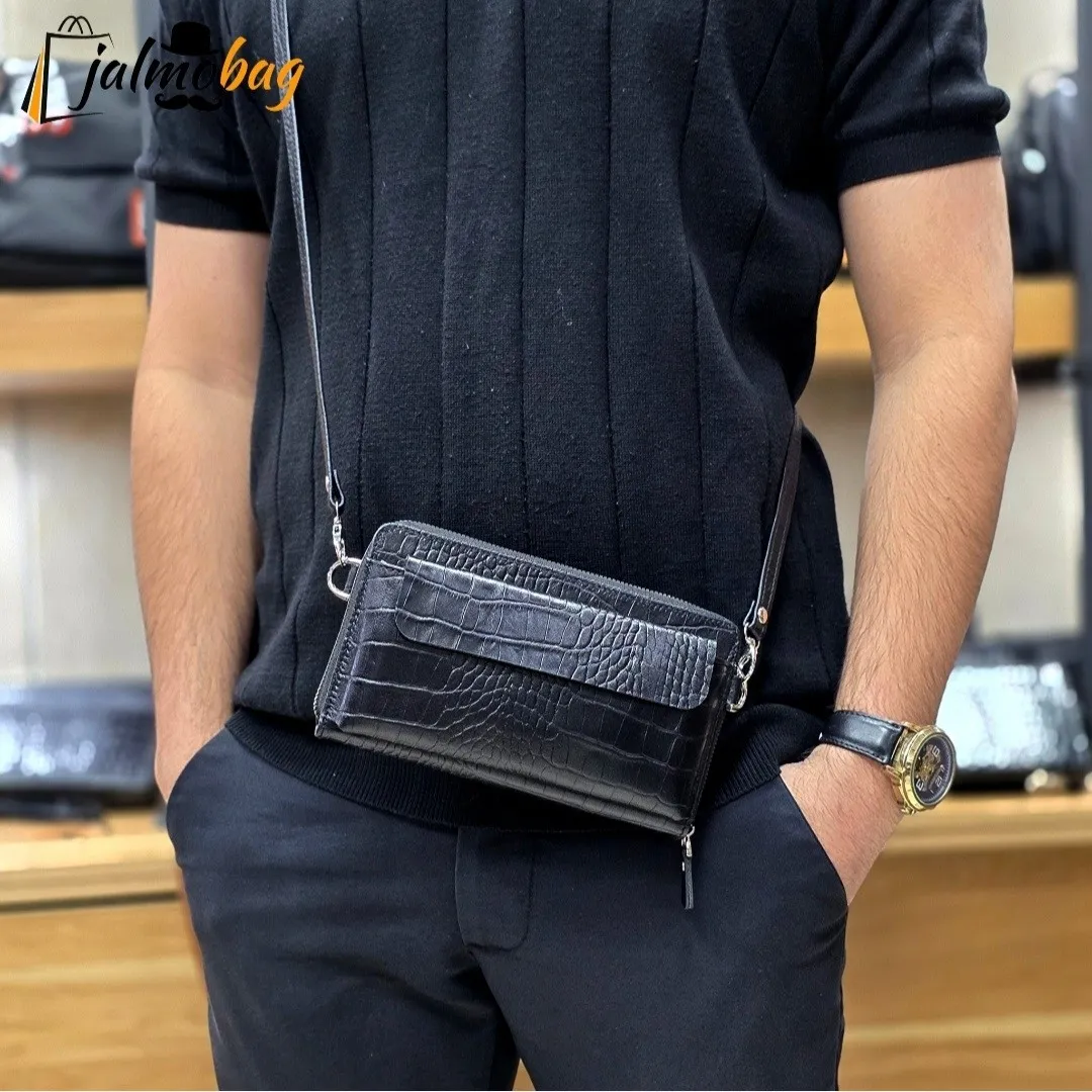 کیف دستی و دوشی چرم طبیعی ظفر دارای بند مچی و بند بلند قابل تنظیم