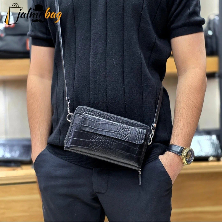 کیف دستی و دوشی چرم طبیعی ظفر دارای بند مچی و بند بلند قابل تنظیم
