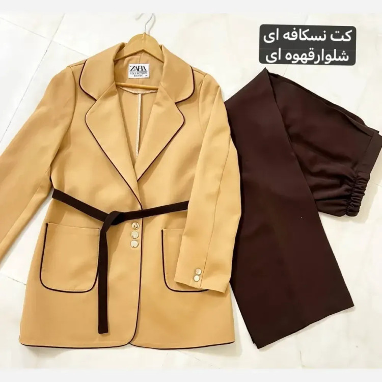کت و شلوار دو رنگ زنانه جنس کرپ مازراتی درجه یک بگ با کمربند