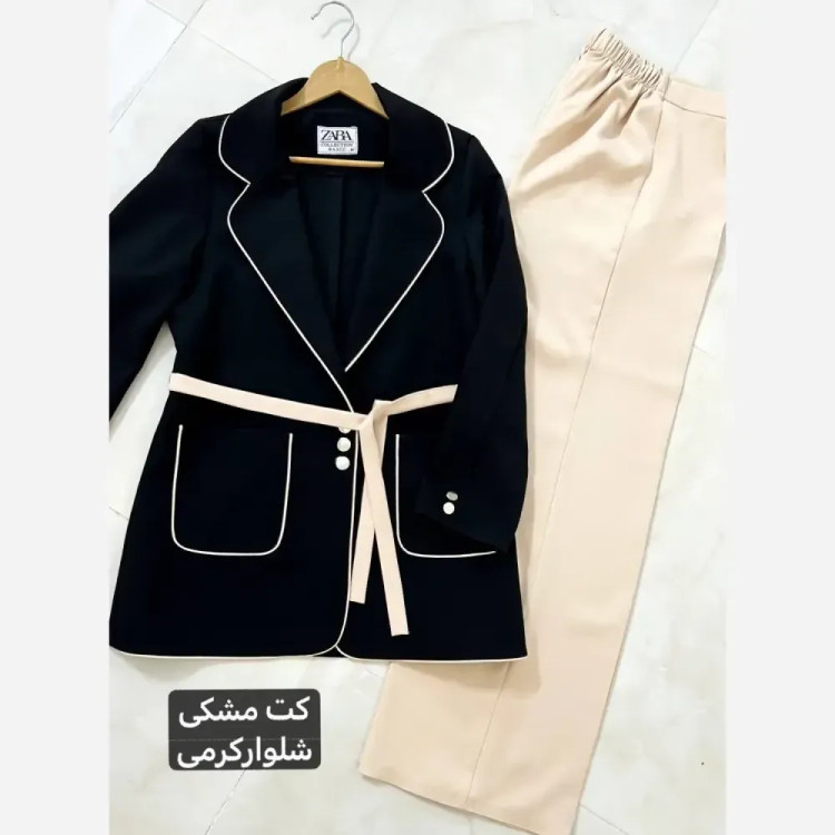 کت و شلوار دو رنگ زنانه جنس کرپ مازراتی درجه یک بگ با کمربند