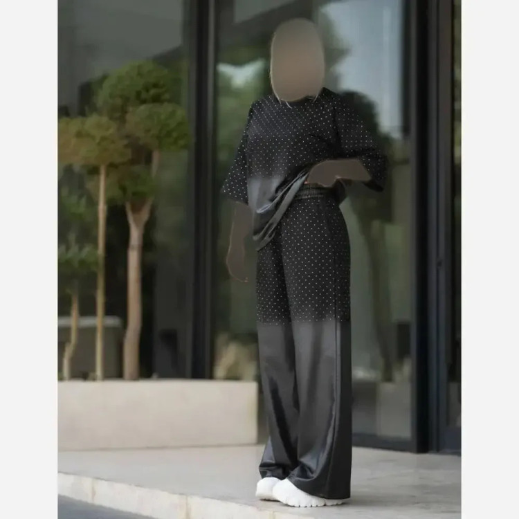 ست لباس زنانه پنبه گلکسی نگین کاری مشکی مدل کهکشان