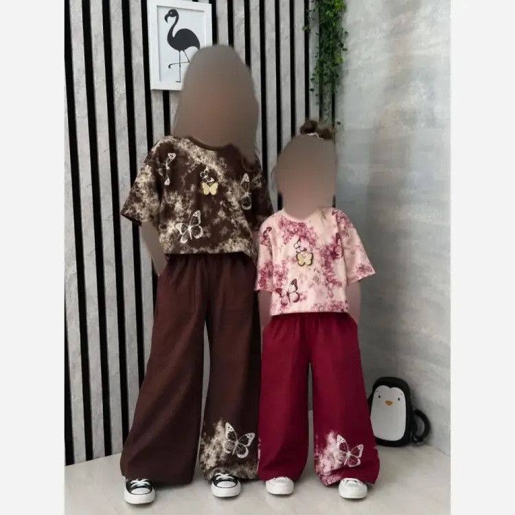 ست تیشرت شلوار پروانه پنبه یکرو لاکرادار دخترانه زرشکی مشکی شکلاتی