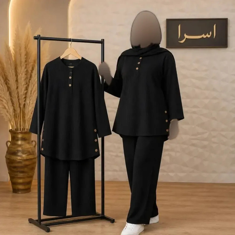 ست دوتکه زنانه مدل ستاره جنس شانتون رنگ مشکی فری سایز