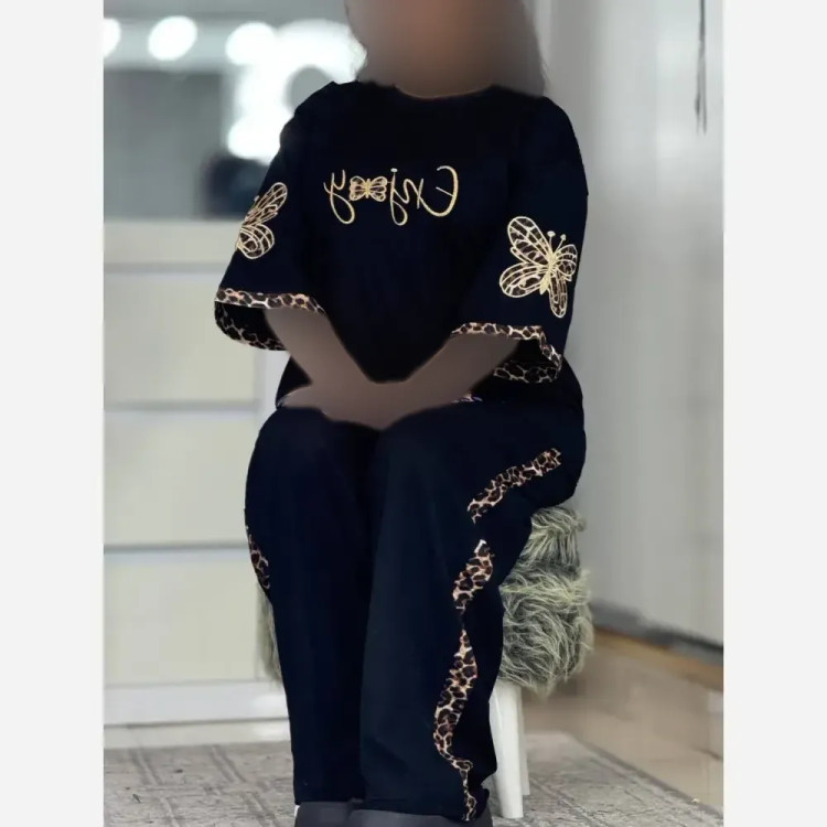 ست تیشرت و شلوار زنانه جنس پنبه گلکسی رنگ مشکی سایز فری 38 تا 46 (6)
