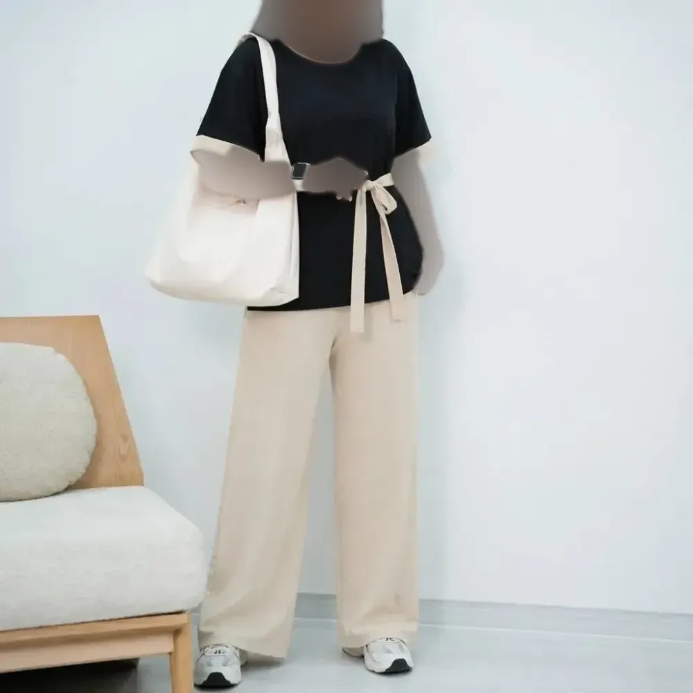ست نورسام تابستانه جنس لینزی درجه یک فری سایز رنگ مشکی کرم سورمه
