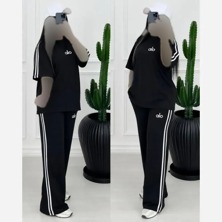 ست تیشرت شلوار زنانه جنس سوپر اسپان فول کش رنگ مشکی سایز فری سایز 36 تا 48