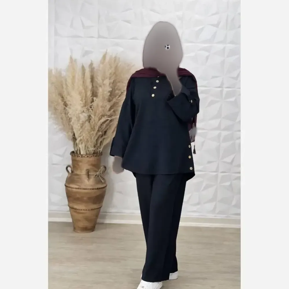 ست شلوار زنانه جنس شانتون کوک دوزی شده رنگ مشکی و خاکی سایز فری سایز 36 تا 46
