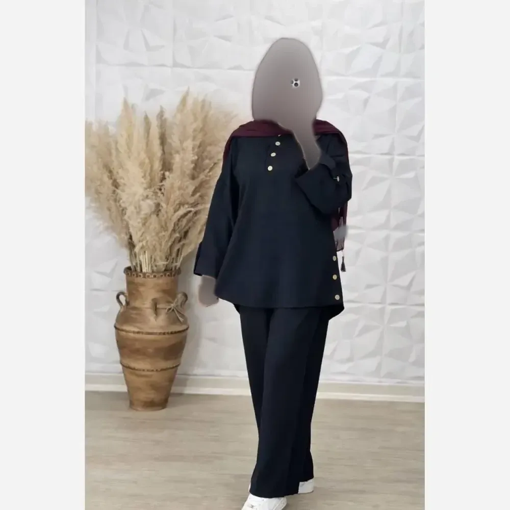 ست شلوار زنانه جنس شانتون کوک دوزی شده رنگ مشکی و خاکی سایز فری سایز 36 تا 46