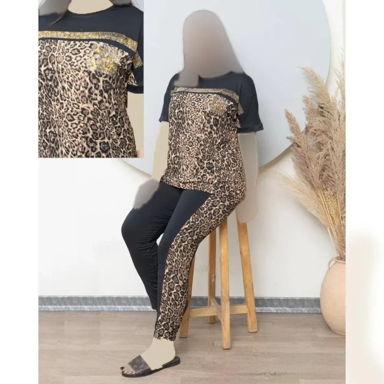 تیشرت شلوار پلنگی سلنا جنس فلامنت اعلا فری سایز نگین کاری شده