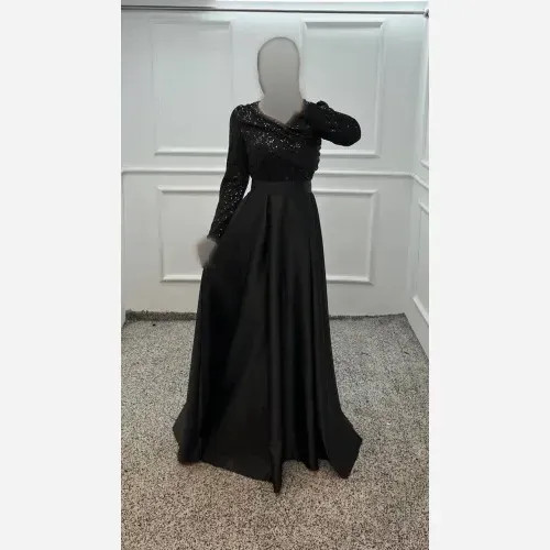 ماکسی مجلسی زنانه جنس پولک زارا و ساتن آمریکایی رنگ مشکی قد 155