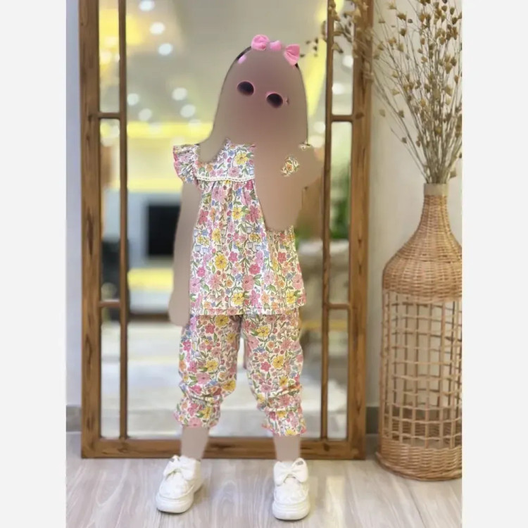 ست لباس راحتی بچگانه طرح گل نخ پنبه گلپری مناسب 3 تا 12 سال
