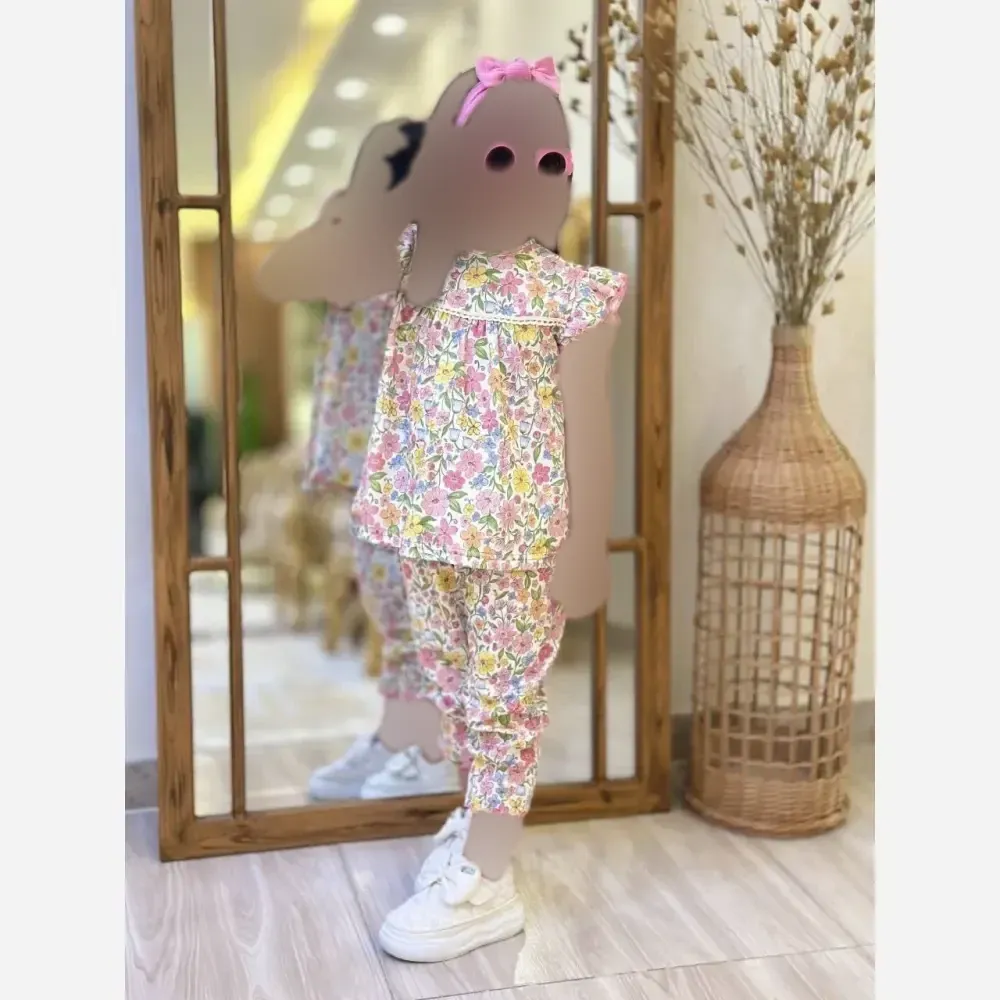 ست لباس راحتی بچگانه طرح گل نخ پنبه گلپری مناسب 3 تا 12 سال