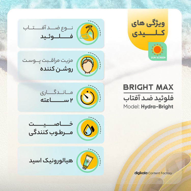 فلوئید ضدآفتاب بیرنگ برایت مکس SPF50 مدل هیدرابرایت مناسب انواع پوست، حجم 50 میلیلیتر