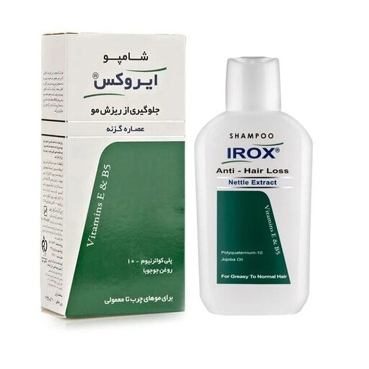 شامپو ضد ریزش و تقویت کننده مو ایروکس مخصوص پوست سر چرب و معمولی و سازگار با موهای چرب و معمولی، حجم 200 میلیلیتر مدل nettle extract، حاوی ویتامین E، B5، دارای گلیسیرین، با قابلیت نرم کننده، میزان سازی چربی مو و پوست سر، مرطوب کننده، با عصاره گزنه