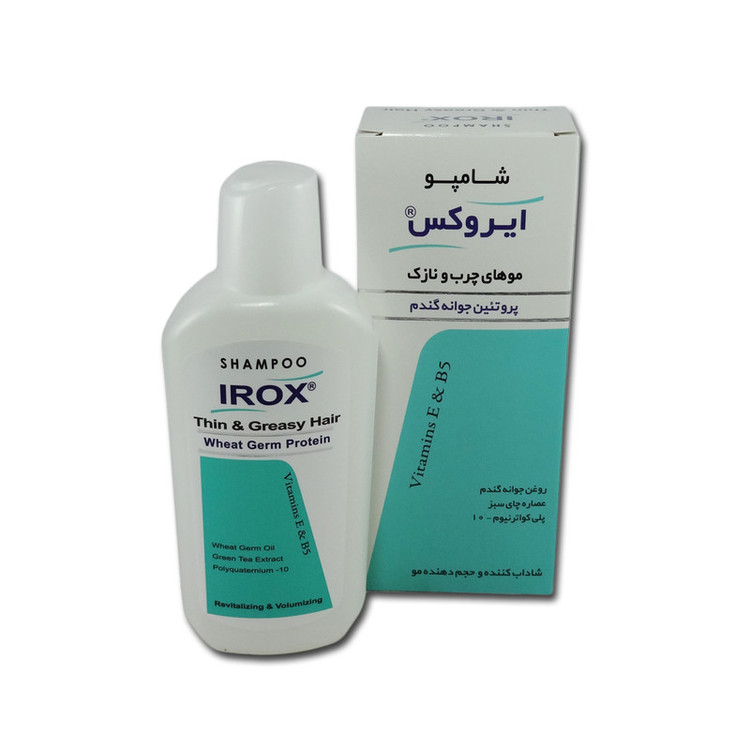 شامپو مو ایروکس مدل wheat germ protein حجم 200 میلیلیتر، حاوی پروتئین جوانه گندم، عصاره چای سبز، نرمکننده گیاهی، ویتامین E و B5، افزایش حجم و ترمیم موهای شکننده و نازک