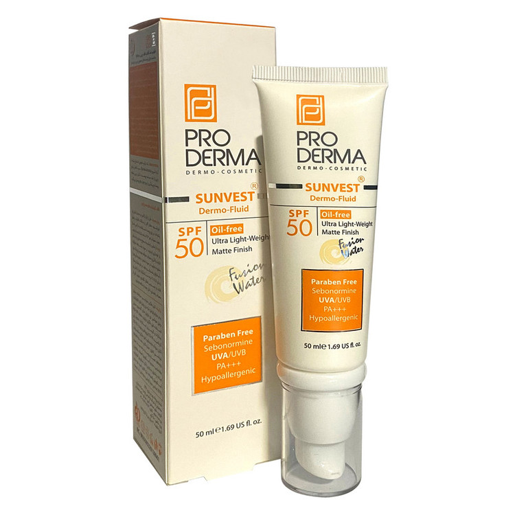 کرم ضد آفتاب بدون رنگ پرودرما SPF50 مدل فلوئید محافظ PA+++ ،UVA ،UVB، تنظیم ترشح چربی پوست، ضد جوش و آکنه، مناسب پوست های معمولی حجم 50 میلیلیتر
